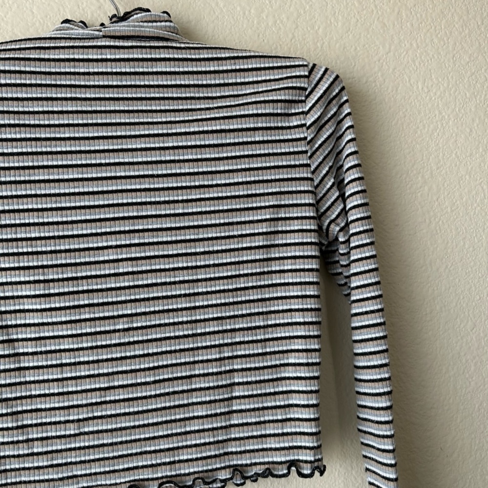Crop Top Long Sleeve Stripe Tan Black Gray Cream Ruffle Edge by Agaci Size Small - Picture 8 of 12